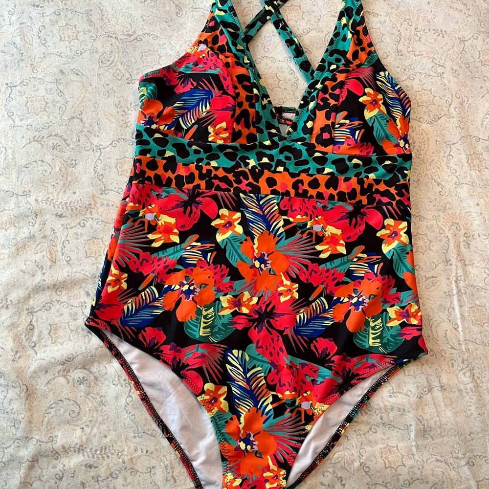 Red and Orange One‎ Piece Swimsuit with Plunging V-Neck